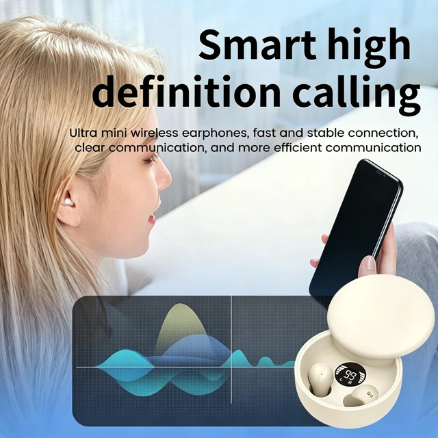 Alt view image 4 of 5 - Lunvaxo Mini Invisible Headphones Bluetooth 5.4,Hidden Earbuds with LED Display for Small Ears, Comfortable Mini Earbuds for Sleep Friendly Side Sleeping Earphones, for Work (Khaki)