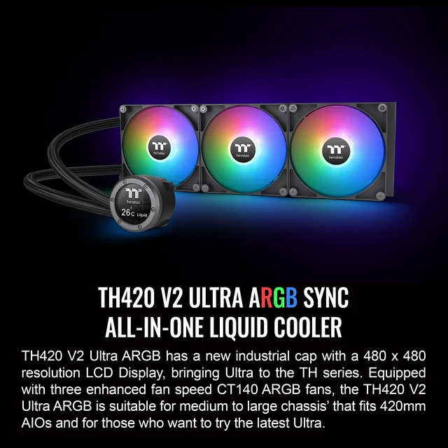 Alt view image 3 of 5 - Thermaltake TH420 V2 Ultra ARGB Sync/AlO Liquid Cooler/ARGB Fan 140 * 3/PWM 500~1800rpm/Water Block 2.1" LCD/Black, CL-W386-PL14SW-A