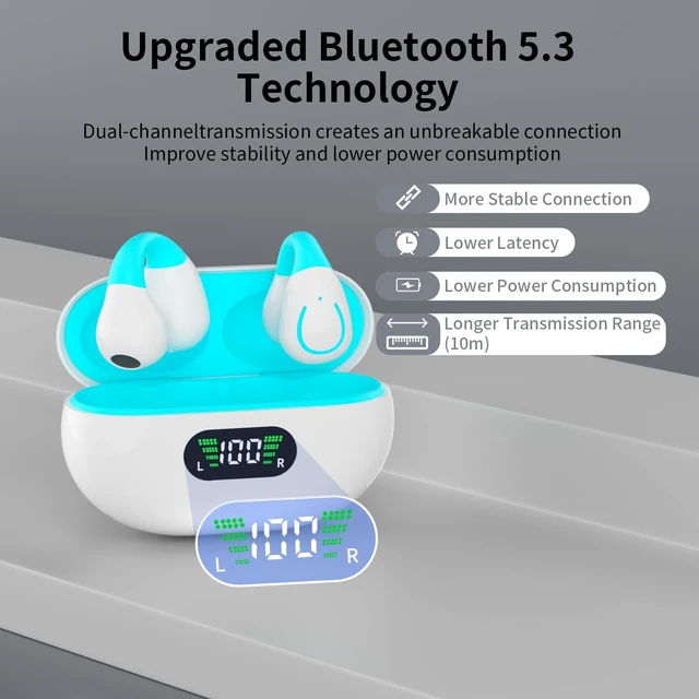 Alt view image 5 of 5 - Open Ear Bone Conduction Headphones Bluetooth 5.3Wireless Clip On Earbuds with Digital Display Charging Case 60 Hours Playtime Sport Earphones Built-in Mic IPX7Waterproof for Running Fitness Exercise