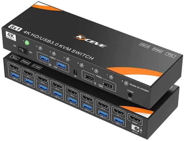 Main image of HDMI KVM Switch 8 Computers 1 Monitor, 8 Ports USB 3.0 KVM Switcher Support 4K@60Hz for 8 PC Share Keyboard and Mouse, Support Hotkey Switching Way