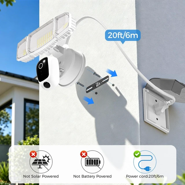 Alt view image 2 of 5 - Olafus Floodlight Camera with 20FT Plug, 2K HD Outdoor Security Camera, 5500LM Motion-Activated Light Camera with Color Night Vision, 2-Way Audio & Siren, Cloud/SD Storage, Alexa & Google Compatible