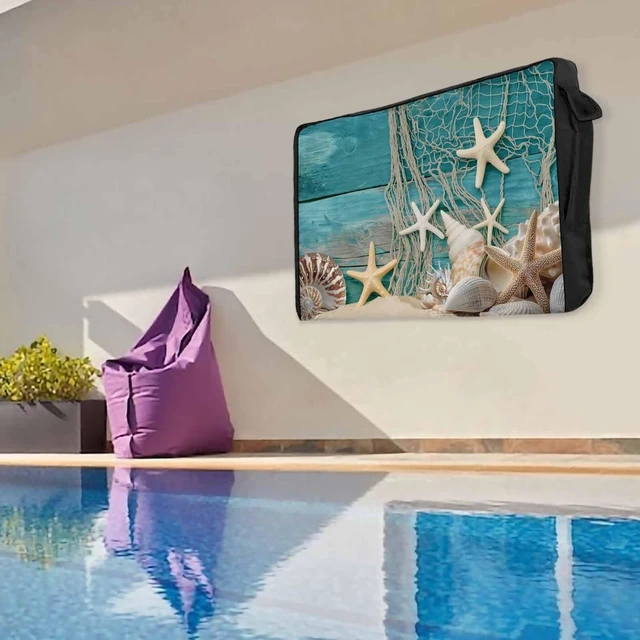 Alt view image 5 of 5 - Jimehezon Ocean Marine Outdoor TV Cover 40 to 43 Inches Vintage Shell Starfish Blue Wood Grain Weatherproof&Waterproof TV Covers with Remote Control Pocket, Screen Protectors for Outside