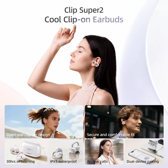 Alt view image 2 of 5 - NANK Open Ear, Clip On Earbuds Clip Super2, Bluetooth 6.0, 30H Playtime