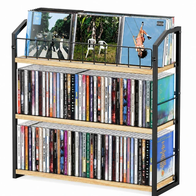 Main image of CD Storage Rack, 3 Tier CD holder with Display Rack, 123 Capacity-Natural