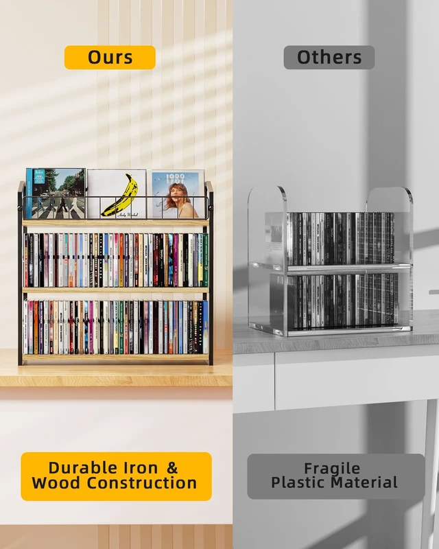 Alt view image 4 of 5 - CD Storage Rack, 3 Tier CD holder with Display Rack, 123 Capacity-Natural