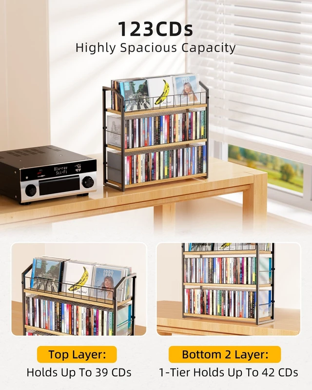 Alt view image 5 of 5 - CD Storage Rack, 3 Tier CD holder with Display Rack, 123 Capacity-Natural