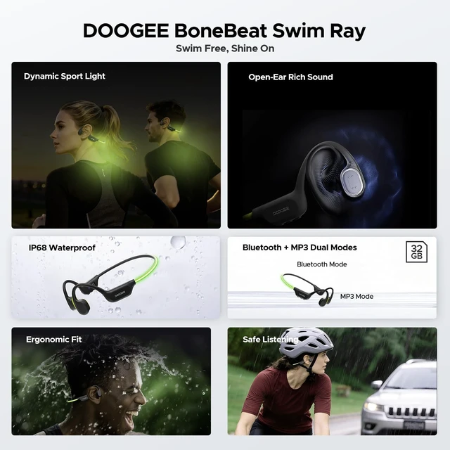 Alt view image 2 of 5 - DOOGEEEco Open-Ear IP68 Waterproof Swimming Headphones with Light Strip