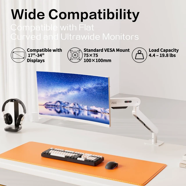 Alt view image 2 of 5 - AOC AM400PLUS Premium Aluminum Single Monitor Arm, Mechanical Spring, 1734 Inch, 4.419.8 lbs, VESA 75x75/100x100, C-Clamp, Quick Install Desk Mount with Cable Management (White)