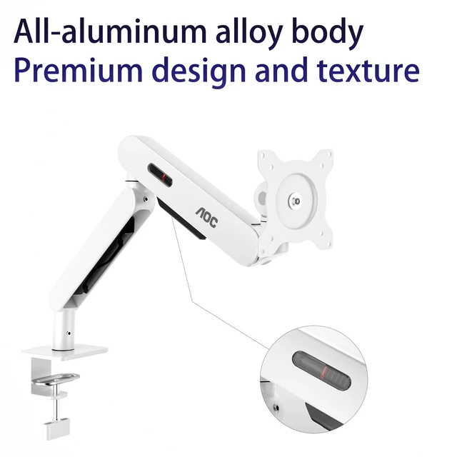 Alt view image 4 of 5 - AOC AM400PLUS Premium Aluminum Single Monitor Arm, Mechanical Spring, 1734 Inch, 4.419.8 lbs, VESA 75x75/100x100, C-Clamp, Quick Install Desk Mount with Cable Management (White)