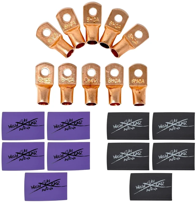 Main image of Sky High Car Audio 1/0 Gauge Copper Ring Terminals w/Heat Shrink (10 Pack) 3/8 Lug Connectors for Car Audio, Battery & Power Wire Black + Color Options (Purple and Black)