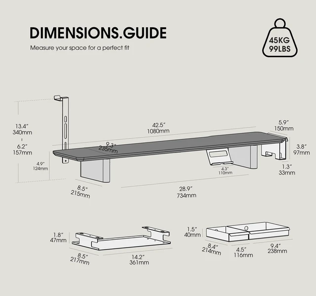 Alt view image 3 of 5 - Fenge Modular Dual Monitor Stand Riser with Solid Ash Wood Leg, 42.5" White
