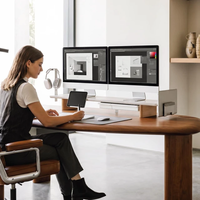 Alt view image 2 of 5 - Fenge Modular Dual Monitor Stand Riser with Solid Ash Wood Leg, 42.5" White