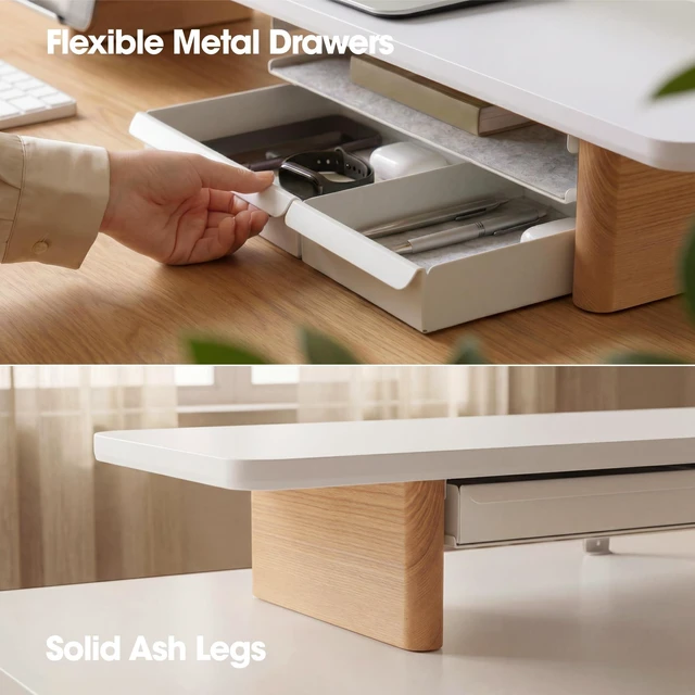 Alt view image 5 of 5 - Fenge Modular Dual Monitor Stand Riser with Solid Ash Wood Leg, 42.5" White