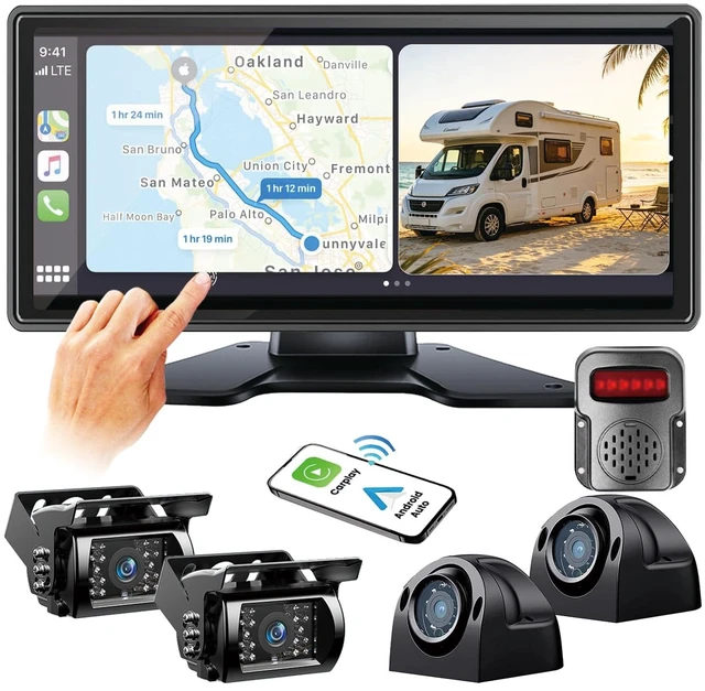 Main image of RV Backup Camera System with CarPlay & Android Auto, RVInWest 10.36" Touchable Monitor with Mirror Link DVR Recording + 4 AHD 1080P IP69K Waterproof Night Vision Camera for RV Truck Trailer Bus