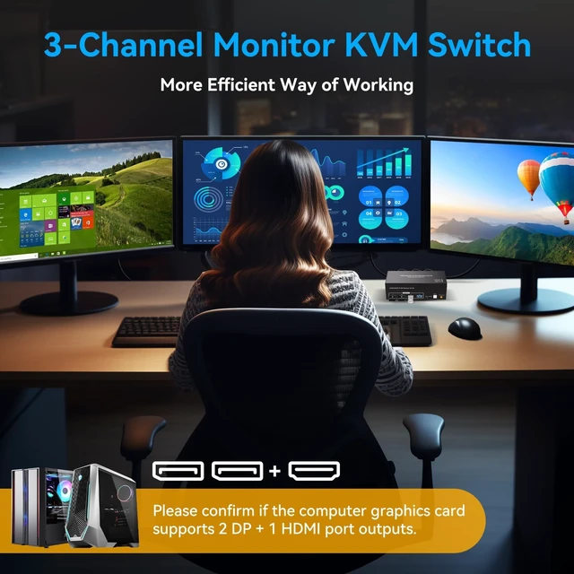 Alt view image 5 of 5 - 8K KVM Switch 3 Monitors 2 Computers 8K 60Hz 4K 120Hz KVM Switches HDMI+2 Displayport for Two PC Share Triple Monitor and 4 USB 3.0 Devices Support Extended and Duplicate Mode-2DP+HDMI-15.5CM
