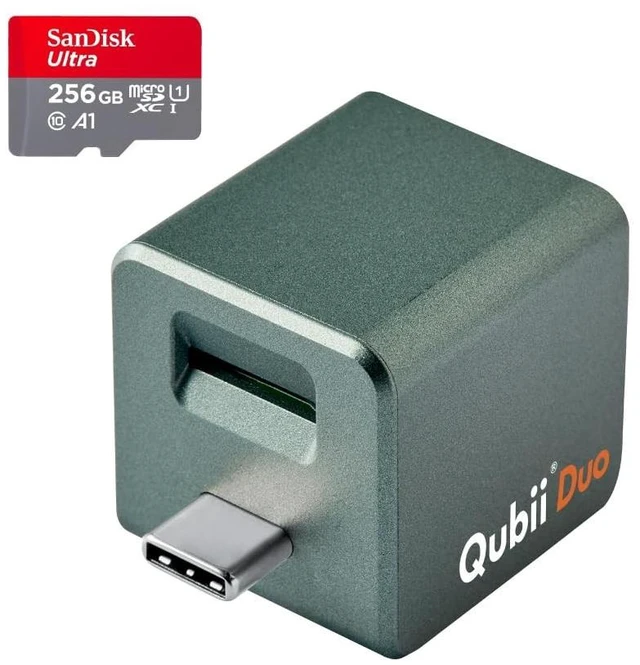 Main image of Maktar Qubii Duo USB-C Auto Backup Cube for iPhone + 256GB microSD Card ^^ Photo & Video Backup to MicroSD ^^ MFi Certified ^^ iPhone 15/16/17 & USB-C iPad ^^ Subscription-Free iCloud Alternative ^^ G
