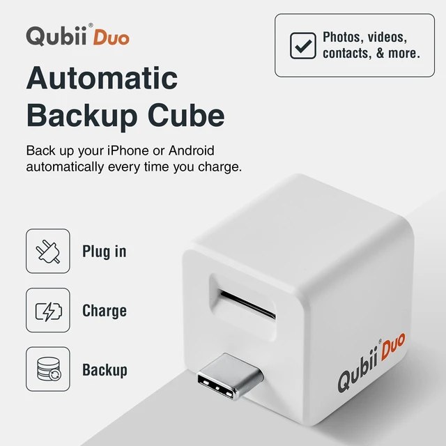 Alt view image 2 of 5 - Maktar Qubii Duo USB-C Auto Backup Cube for iPhone + 256GB microSD Card ^^ Photo & Video Backup to MicroSD ^^ MFi Certified ^^ iPhone 15/16/17 & USB-C iPad ^^ Subscription-Free iCloud Alternative ^^ G