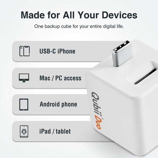 Alt view image 3 of 5 - Maktar Qubii Duo USB-C Auto Backup Cube for iPhone + 256GB microSD Card ^^ Photo & Video Backup to MicroSD ^^ MFi Certified ^^ iPhone 15/16/17 & USB-C iPad ^^ Subscription-Free iCloud Alternative ^^ G