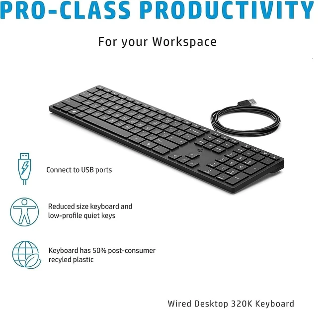 Alt view image 3 of 5 - Bulk Lot of 10 HP Wired Desktop 320K Keyboards Durable, Ergonomic Design ^^ Perfect for Offices, Schools & Enterprises (Pack of 10)