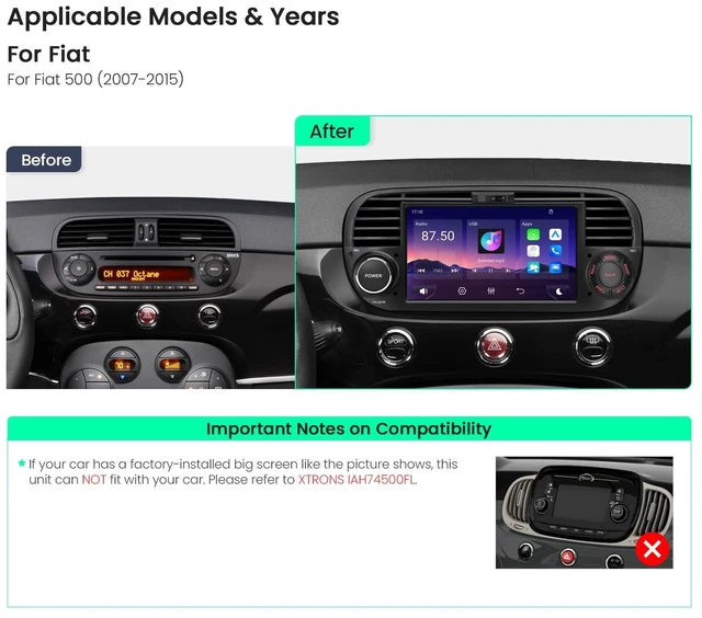 Alt view image 3 of 5 - XTRONS 7" Car Stereo for Fiat 500 2007-2015, Wireless CarPlay, DSP