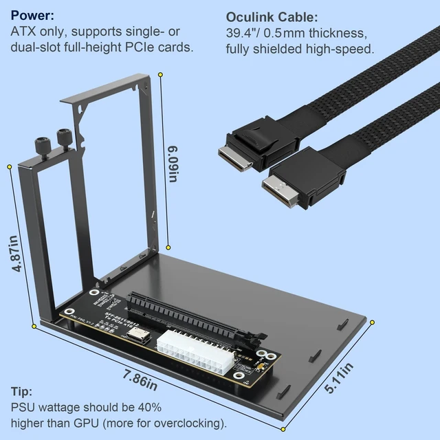 Alt view image 2 of 5 - OCuLink eGPU Dock, PCIe 4.0 x4 64Gbps 39.4 in SFF-8611 Cable SFF-8612 8311 PCIe x16 OCuLink eGPU External GPU Enclosure, External GPU Dock for Laptop Mini PC External Graphics Card