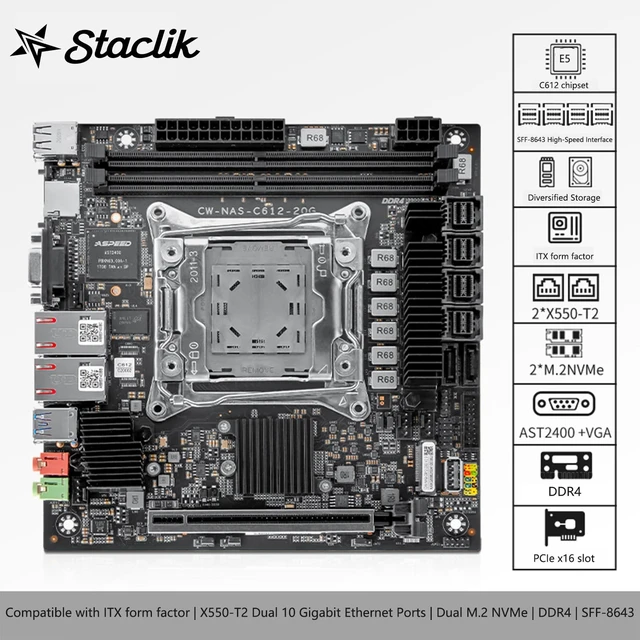 Alt view image 2 of 5 - C612 Mini-ITX NAS Motherboard for E5 v3/v4, Dual 10GbE, 10 SATA, Dual M.2 NVMe, ECC Memory Support(1M.2 Adapter + 2SFF-8643 Cables)