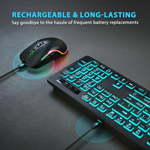 Alt view image 2 of 5 - Light Up Keyboard and Mouse Wireless, Adjustable Brightness & Color, Rechargeable, Light Up Letters2.4G USB Full Size Backlit Keyboard Mouse for Windows, PC, Laptop, Desktop, Gaming (Large Prin