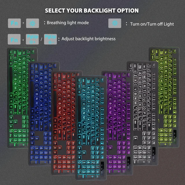Alt view image 3 of 5 - Light Up Keyboard and Mouse Wireless, Adjustable Brightness & Color, Rechargeable, Light Up Letters2.4G USB Full Size Backlit Keyboard Mouse for Windows, PC, Laptop, Desktop, Gaming (Large Prin