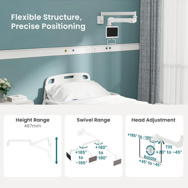 Alt view image 4 of 5 - Mount Plus MED12-1H Medical Grade Monitor Wall Mount ^^ Long Arm Extension to 44.8" ^^ Support Medical Monitor with Foldable Design ^^ for Assisted Living Centers, Home Healthcare