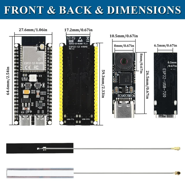 Alt view image 4 of 5 - ESP32 S3 Development Board with External Antenna and 1MP USB Camera Module, 240MHz Dual-Core Processor N16R8 Module with 720P Webcam 65FOV, Compatible with Arduino IDE Windows 10/11 Android