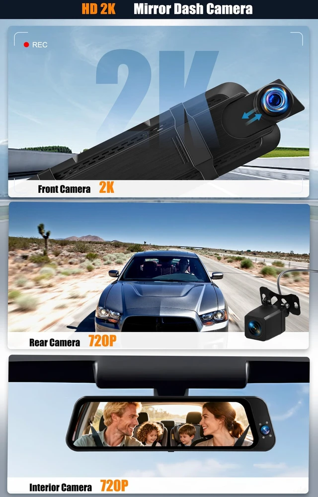 Alt view image 2 of 5 - 3 Channel Mirror Dash Cam Front Inside and Rear 2K+1080P+1080P, 9.66" Rear View Mirror Camera, Built-in WiFi, ADAS & BSD & LCA, Night Vision, HDR, G-Sensor, Loop Recording, Parking Assist, Dashcam