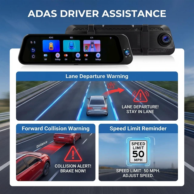 Alt view image 5 of 5 - 3 Channel Mirror Dash Cam Front Inside and Rear 2K+1080P+1080P, 9.66" Rear View Mirror Camera, Built-in WiFi, ADAS & BSD & LCA, Night Vision, HDR, G-Sensor, Loop Recording, Parking Assist, Dashcam