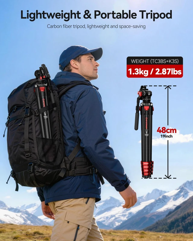Alt view image 2 of 5 - TC3BS+K3S Carbon Fiber Tripod with Fluid Head,2.9lb Professional Travel Kit