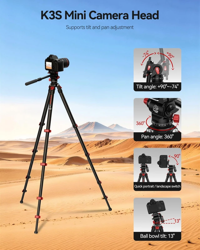 Alt view image 5 of 5 - TC3BS+K3S Carbon Fiber Tripod with Fluid Head,2.9lb Professional Travel Kit