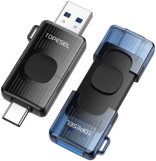 Main image of TOPESEL 2 Pack 128GB USB C Flash Drive USB 3.0 2-in-1 Thumb Drive Rotating Type C Memory Stick for iPhone 15/16 Smart TV Car Audio Smartphone Tablet (Black, Blue)