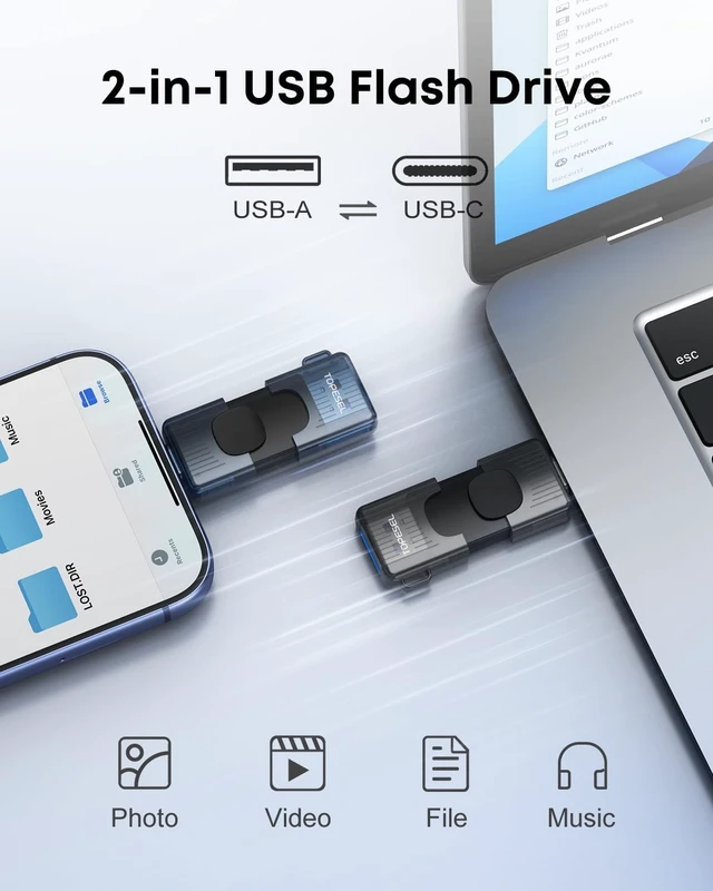 Alt view image 3 of 5 - TOPESEL 2 Pack 128GB USB C Flash Drive USB 3.0 2-in-1 Thumb Drive Rotating Type C Memory Stick for iPhone 15/16 Smart TV Car Audio Smartphone Tablet (Black, Blue)