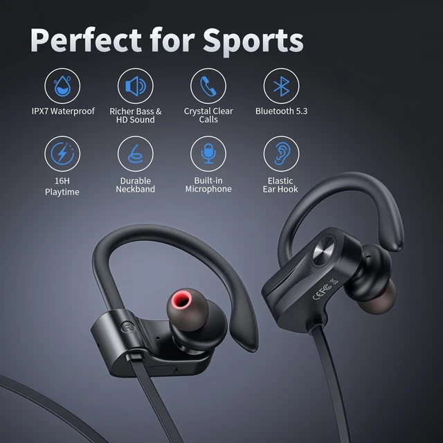 Alt view image 2 of 5 - JOYWISE Bluetooth Headphones, Wireless Earbuds Bluetooth 5.3 Headphones with 16Hrs Playtime Stereo Bass Headsets, IPX7 Waterproof Running Earphones for Sports, Black
