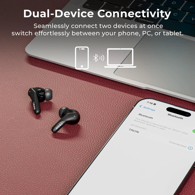Alt view image 5 of 5 - TRON Wireless Earbuds with -52dB Hybrid Active Noise Cancelling, 6-Mic ENC Clear Calls, 26H Playtime, Low Latency,Spatial Sound, 26H Playtime, HiFi Stereo, in-Ear Headphones (Matte Black)