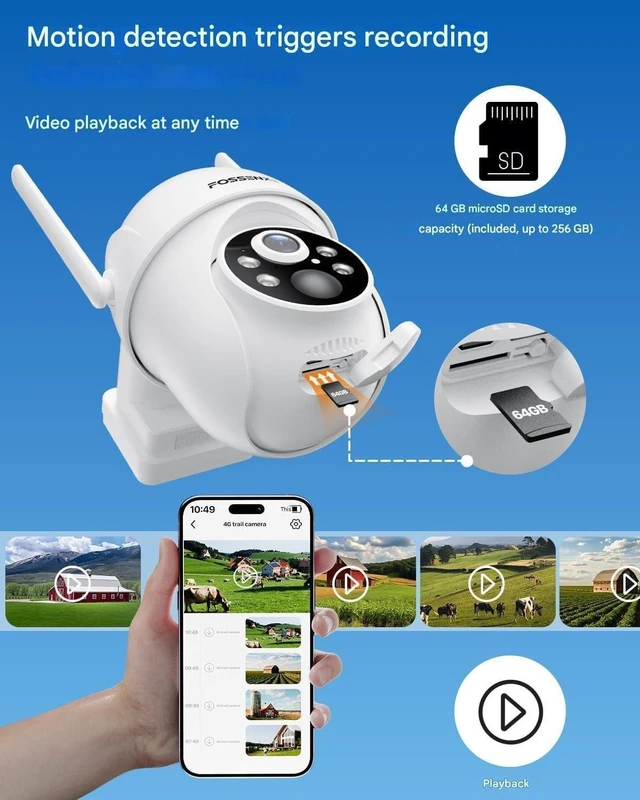 Alt view image 5 of 5 - FOSSENXE 4G LTE Cellular Security Camera, No WiFi Solar Powered Camera, with SIM Card and 64GB SD Card, 2K Color Night Vision, 360 Live View, PIR Motion Sensor, 2-Way Talk