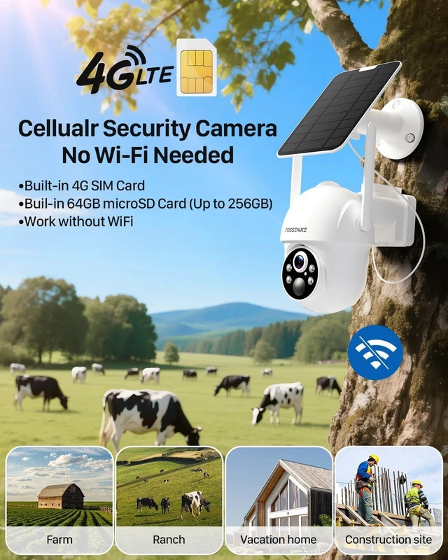 Alt view image 2 of 5 - FOSSENXE 4G LTE Cellular Security Camera, No WiFi Solar Powered Camera, with SIM Card and 64GB SD Card, 2K Color Night Vision, 360 Live View, PIR Motion Sensor, 2-Way Talk