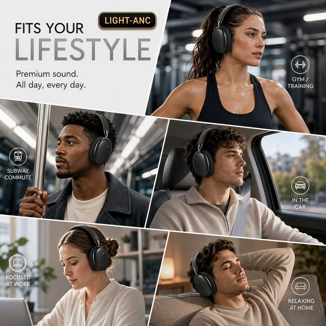 Alt view image 2 of 5 - Wireless Over Ear Headphones,Active Noise Cancelling,Bluetooth 100H,Black