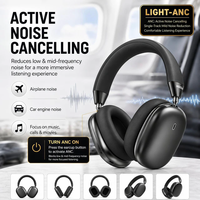 Alt view image 4 of 5 - Wireless Over Ear Headphones,Active Noise Cancelling,Bluetooth 100H,Black