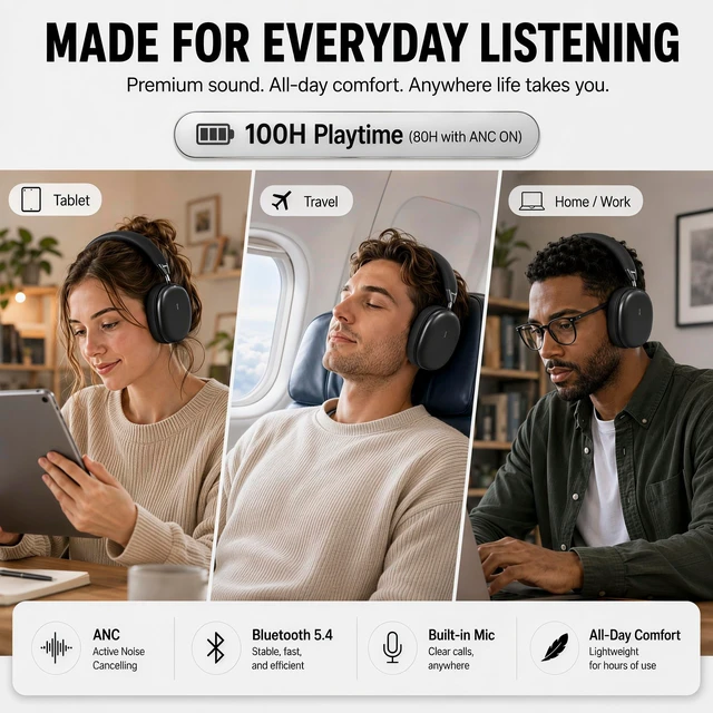 Alt view image 5 of 5 - Wireless Over Ear Headphones,Active Noise Cancelling,Bluetooth 100H,Black