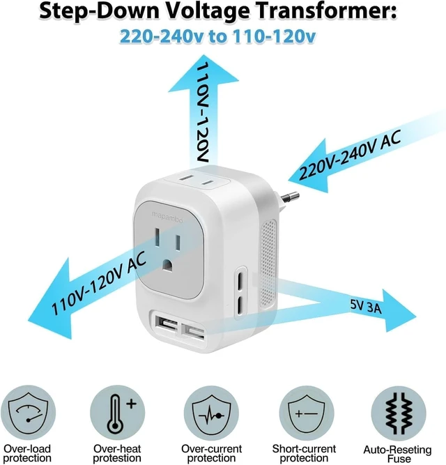 Alt view image 2 of 5 - Mapambo Voltage Converter US to Europe Travel: International Universal Travel Adapter with Fast Charging 2 USB-A 2 USB-C Port Worldwide Power Converters Plug Combo for Spain Italy (White)