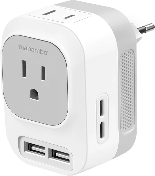 Main image of Mapambo Voltage Converter US to Europe Travel: International Universal Travel Adapter with Fast Charging 2 USB-A 2 USB-C Port Worldwide Power Converters Plug Combo for Spain Italy (White)