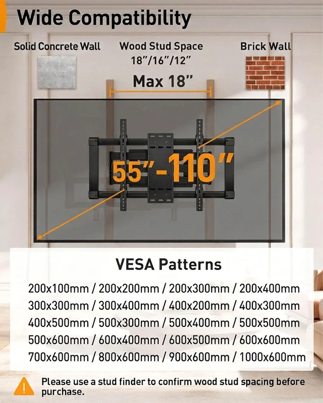 Alt view image 2 of 5 - Full Motion TV Wall Mount for 85 98 110 TVs, 220 LBS Weight Capacity, Monolithic Steel Wall Plate with 6-Arm Precision Bearing, 2-Level Height Adjustment, VESA 1000x600mm, Anti-Sagging Design