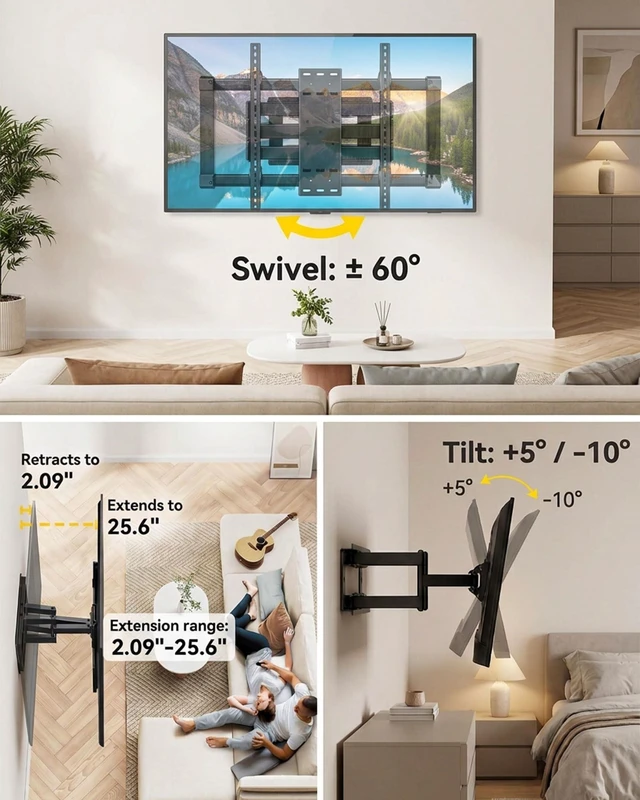 Alt view image 5 of 5 - Full Motion TV Wall Mount for 85 98 110 TVs, 220 LBS Weight Capacity, Monolithic Steel Wall Plate with 6-Arm Precision Bearing, 2-Level Height Adjustment, VESA 1000x600mm, Anti-Sagging Design