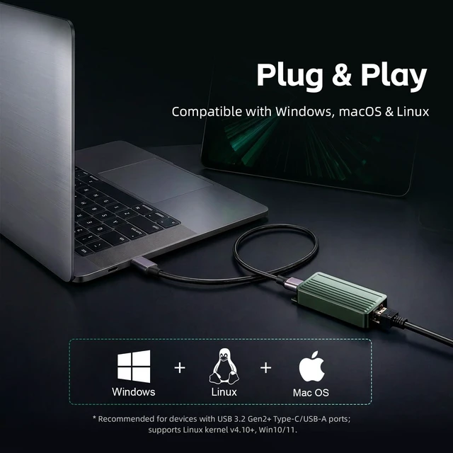 Alt view image 5 of 5 - USB C to 10Gbps Ethernet Adapter, USB 3.2 Gen 2x2 Type-C to RJ45 10G LAN Network Dongle with Realtek RTL8159 Chip, Thunderbolt 3/4 Compatible for MacBook, Windows 11 Laptop, NAS, PC