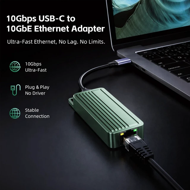 Alt view image 2 of 5 - USB C to 10Gbps Ethernet Adapter, USB 3.2 Gen 2x2 Type-C to RJ45 10G LAN Network Dongle with Realtek RTL8159 Chip, Thunderbolt 3/4 Compatible for MacBook, Windows 11 Laptop, NAS, PC