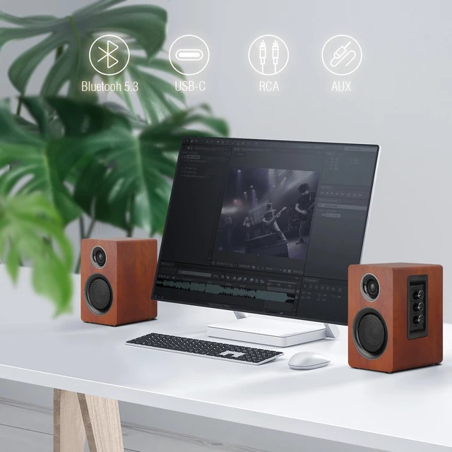 Alt view image 5 of 5 - Computer Speakers, Bluetooth 5.3, USB-C, AUX/RCA, 3.5-Inch Woofer, Brown